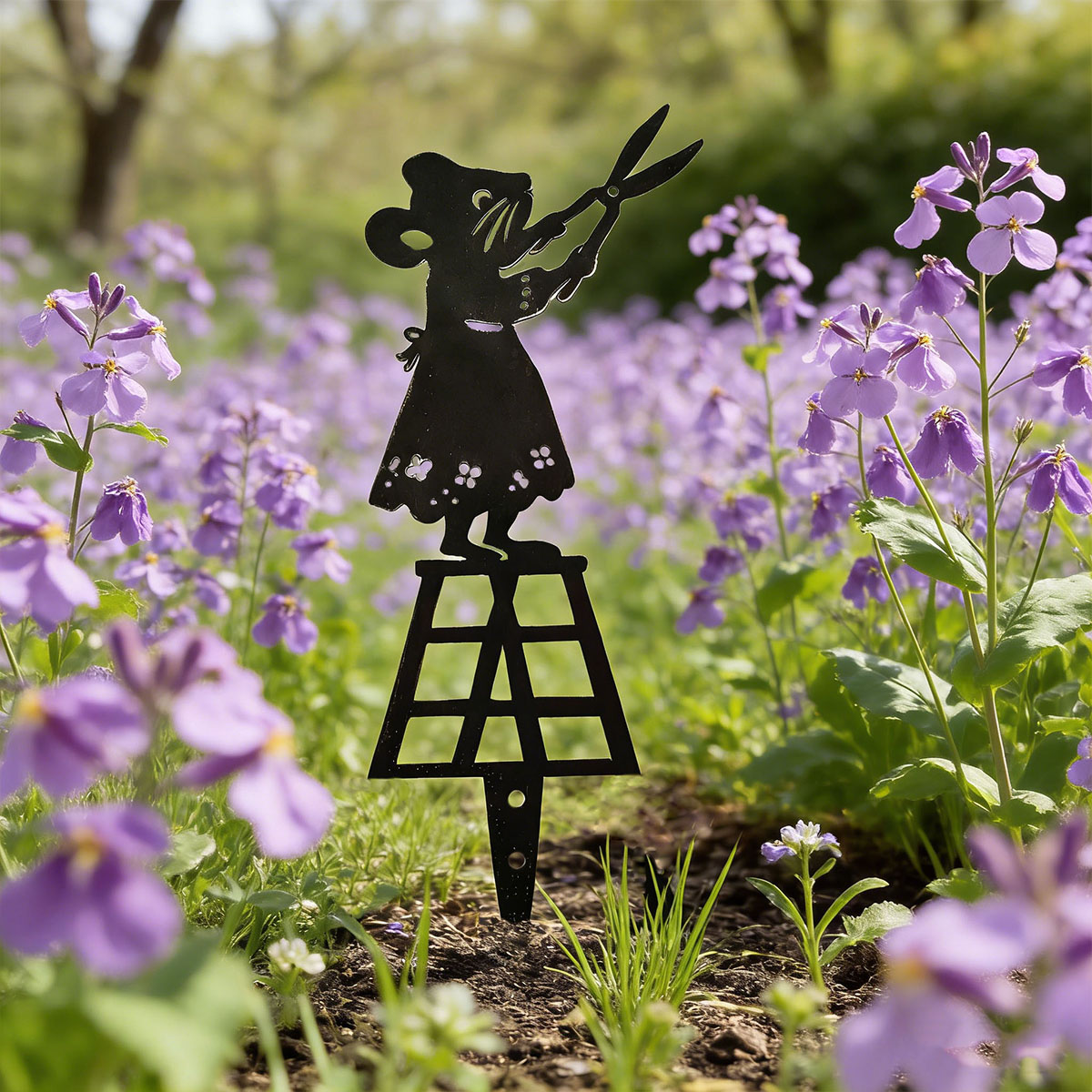 Essential Gardening Tools - Zwarte silhouetlijn metalen tuinzuil, muisdesign met